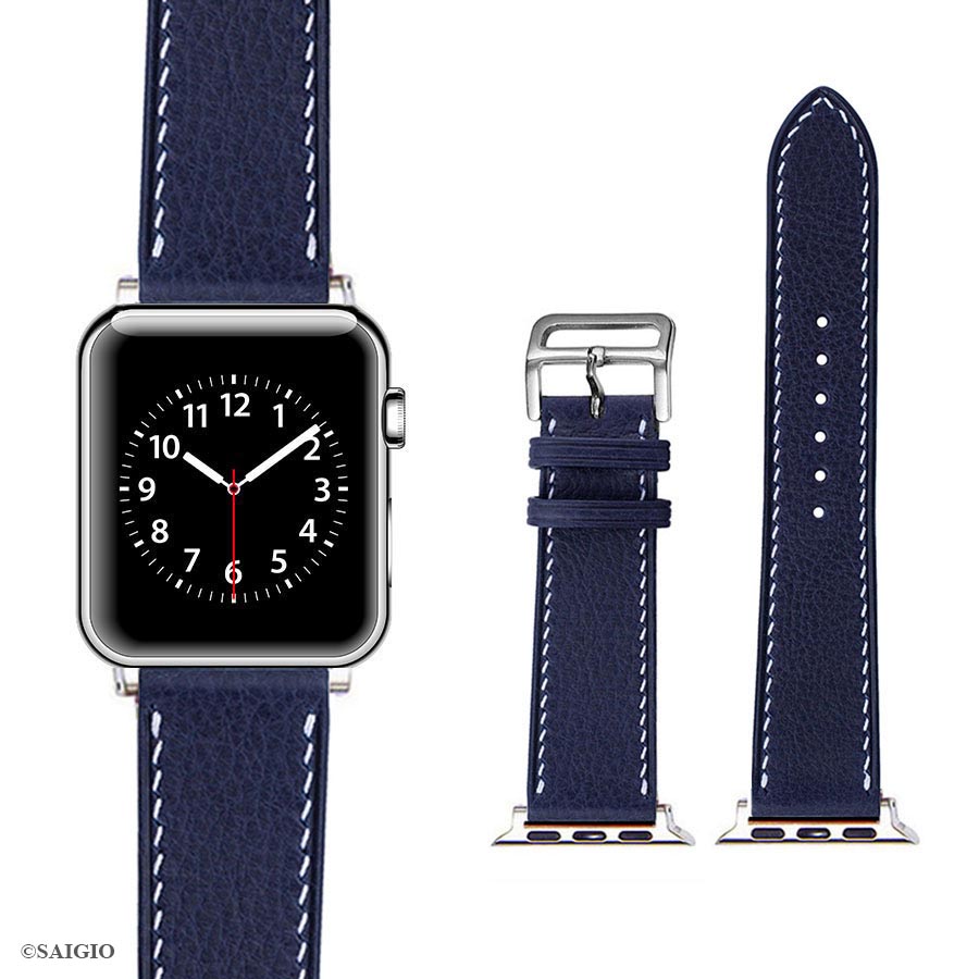 Dây Đồng Hồ Apple Watch 41mm 40mm 38mm Da Bò Màu Xanh Navy Kiểu Cổ Điển Chỉ Trắng - day dong ho apple watch 41mm 40mm da bo mau xanh navy chi trang kieu co dien khoa bac 3a -