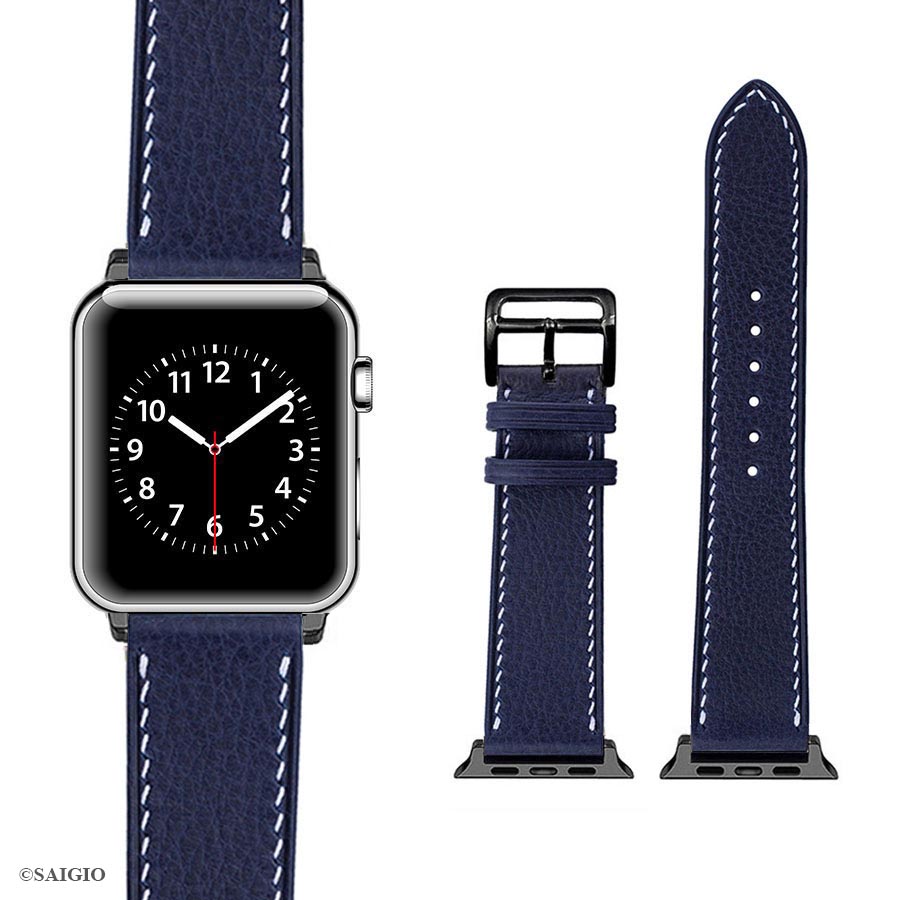 Dây Đồng Hồ Apple Watch 41mm 40mm 38mm Da Bò Màu Xanh Navy Kiểu Cổ Điển Chỉ Trắng - day dong ho apple watch 41mm 40mm da bo mau xanh navy chi trang kieu co dien khoa den 3a -