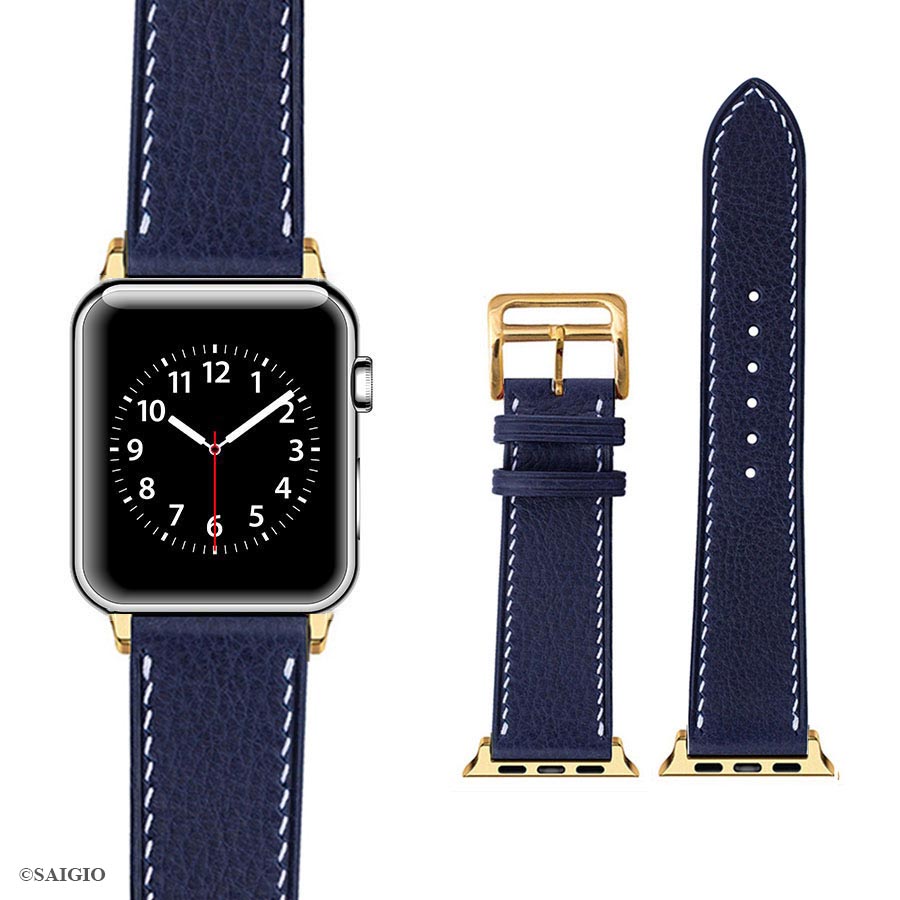 Dây Đồng Hồ Apple Watch 41mm 40mm 38mm Da Bò Màu Xanh Navy Kiểu Cổ Điển Chỉ Trắng - day dong ho apple watch 41mm 40mm da bo mau xanh navy chi trang kieu co dien khoa vang 3a -